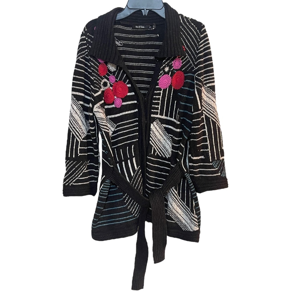 Anthropologie NIC + ZOE Black Stripe Crochet Embellished Cardigan Sweater Medium